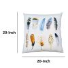 20 x 20 Modern Square Cotton Accent Throw Pillow, Printed Feather Patterned Design, White, Multicolor